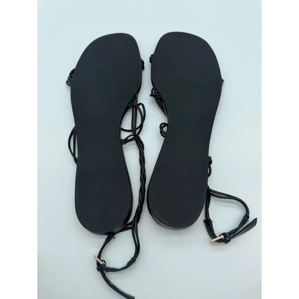 Women Black Beaded Lace Up Gladiator Sandals Flat Boho Shoes 8